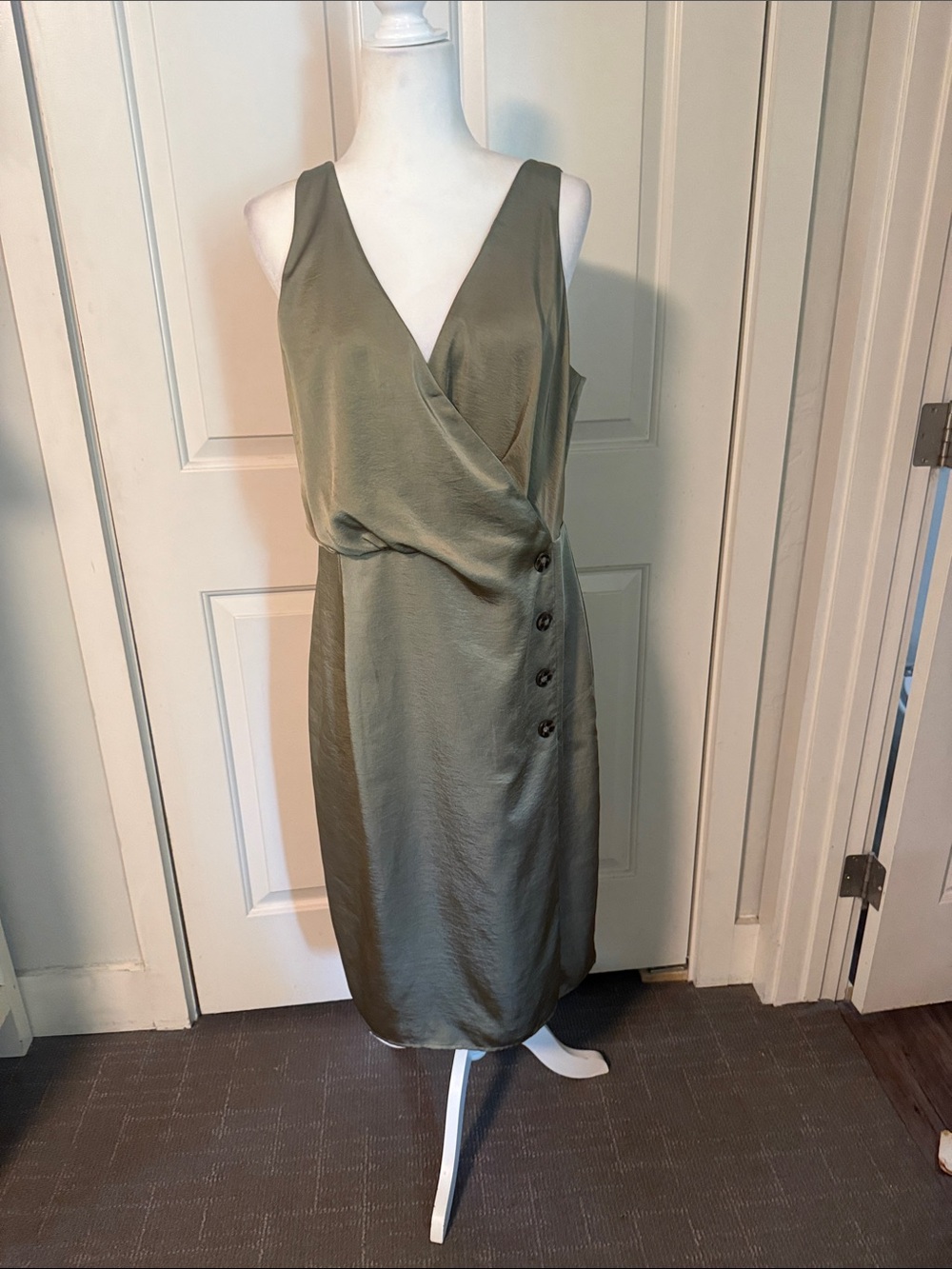 Reiss Olive Green Sleeveless Wrap Midi Dress